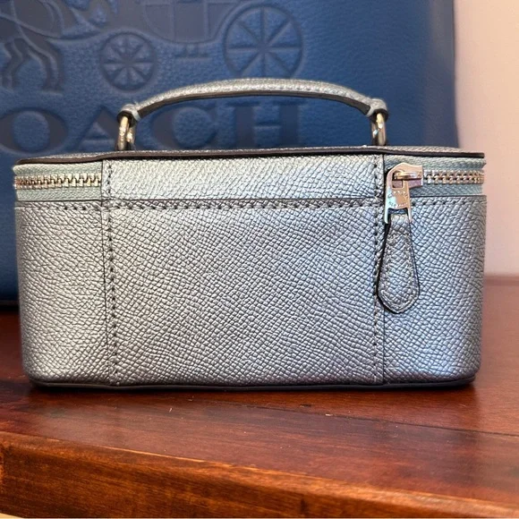 Coach Vanity Case Handled Zip Jewelry Travel Box Blue Metallic - Picture 7 of 14